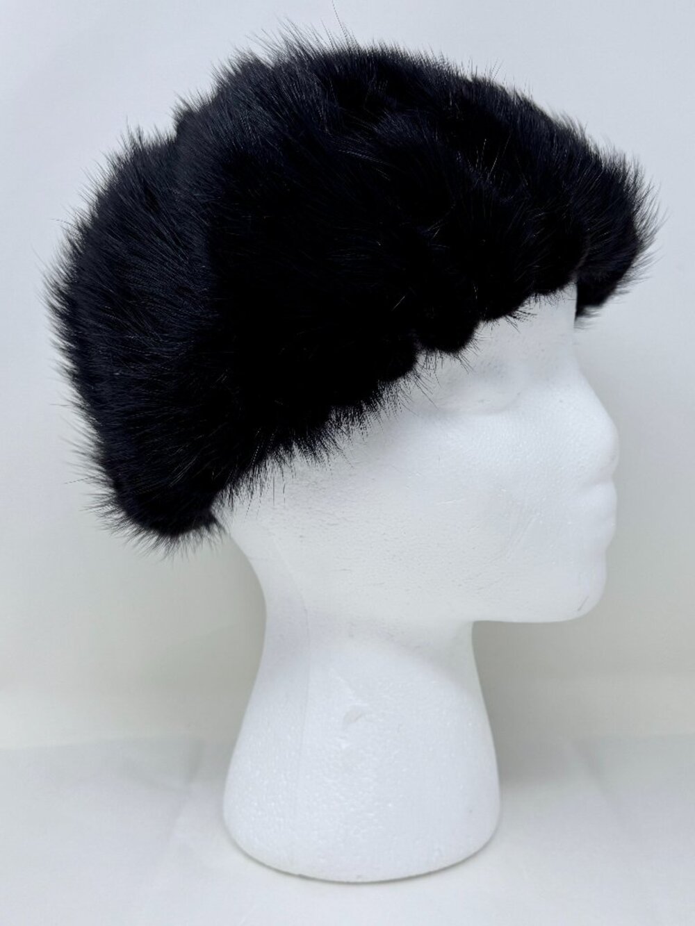 Vintage 1950s 60s Paris Boutique Genuine Black Mink Fur Hat Pom Pom Cloche 21–22